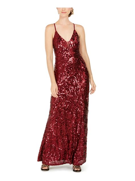 Nightway NIGHTWAY Womens Red Sequined Sleeveless V Neck Maxi Sheath Evening Dress Size