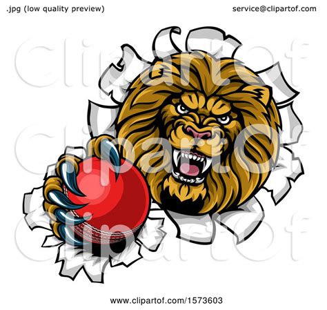 Clipart Of A Tough Lion Sports Mascot Holding Out A Cricket Ball And
