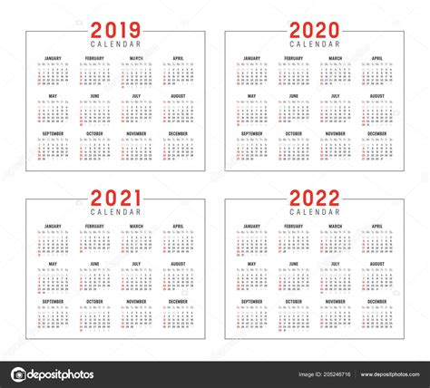 Set Minimalist Calendars Years 2019 2020 2021 2022 Weeks Start — Stock