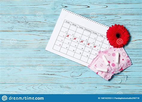 Calendario Del Ciclo Menstrual Sobre Un Fondo De Madera Azul Gerbera Y