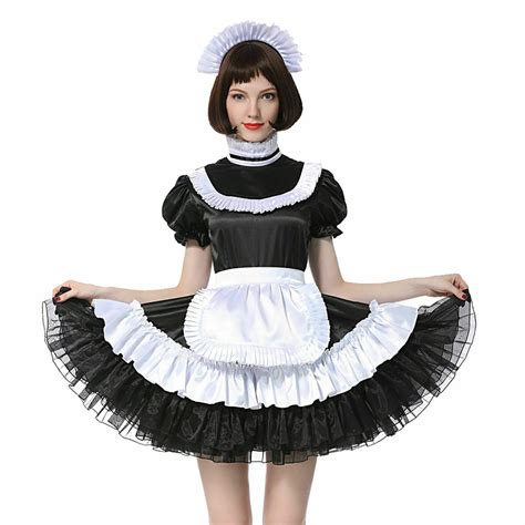 sissy francesa da empregada doméstica bloqueável preto vestido de cetim costume crossdress