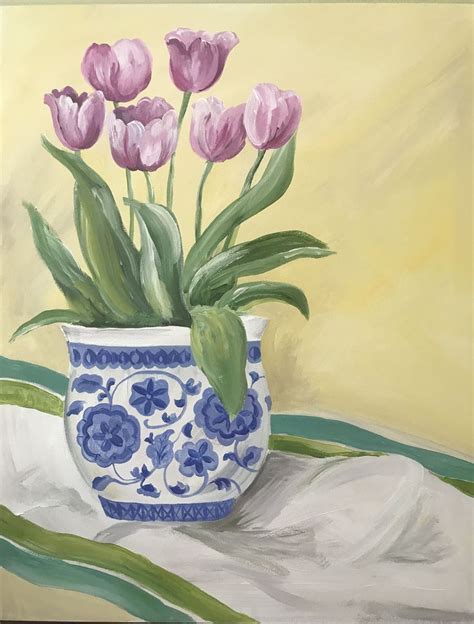 Original Acrylic Blue And White Vase Tulip Painting Etsy Blue And