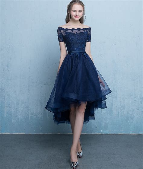 Dark Blue Lace Tulle Short Prom Dress High Low Evening Dress · Little Cute · Online Store