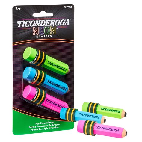 Ticonderoga Neon Pencil Shaped Eraser Fun School Erasers 3 Ct