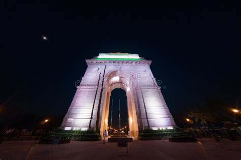 India Gate At Night With Lights On Shot With Fisheye Stock Image