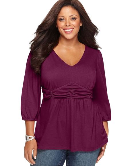 Ny Collection Plus Size Three Quarter Sleeve Ruched Empire Waist Top