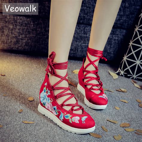 Buy Veowalk Gladiator Style Women Lace Up Floral Embroidered Canvas Flat