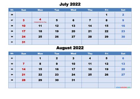 July And August 2022 Calendar With Holidays