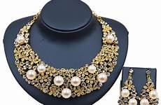 pearl sets jewelry earrings bridal necklace crystal luxury flowers gold color