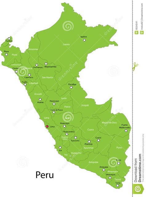 Peru map, explore cities, roads, airports, rivers and points of interest along with find links to facts, flags a country in western south america, peru is bordered on the north by ecuador and colombia. De vector kaart van Peru vector illustratie. Illustratie ...
