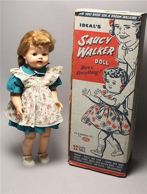 lot ideal saucy walker doll original floral apron over green dress height 22” original box