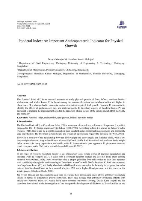 Pdf Ponderal Index An Important Anthropometric Indicator For
