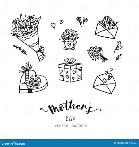Lovely Hand Drawn Mother`s Day Doodles Cute Hand Drawn Flowers And Ts Vector Design Stock