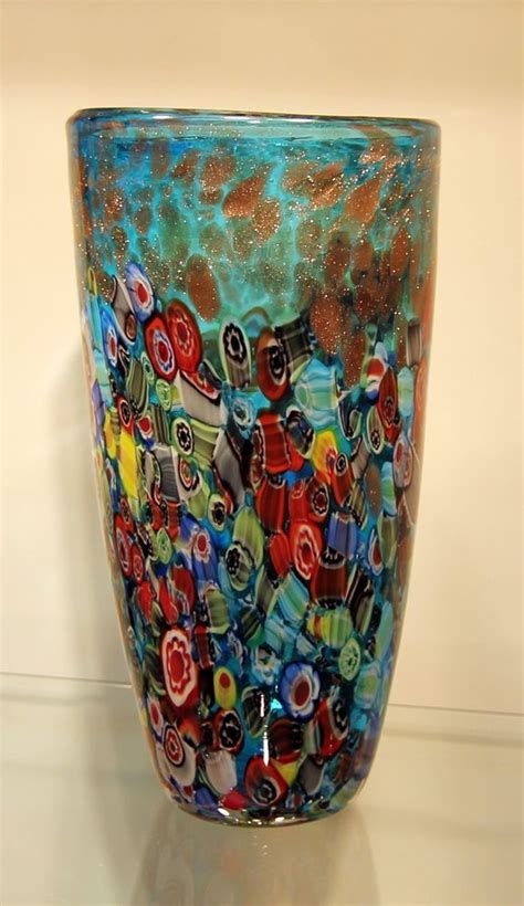 12 Hand Blown Glass Murano Art Style Vase Blue Italian Millefiori Multicolor Glass Blowing