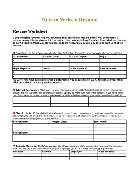 In this article, we provide tips and advice on how to write your resume and some examples to inspire you. high school resume worksheet - using your academic experiences to build a resume :) | For Teens ...