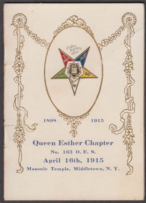 Queen Esther Chapter Order Eastern Star Masonic Program Middletown Ny 1915