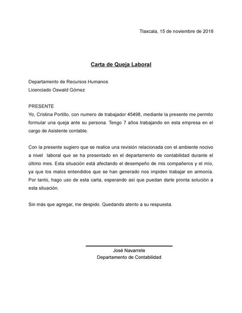 Modelo Carta De Queja Laboral Tlaxcala De Noviembre De Carta