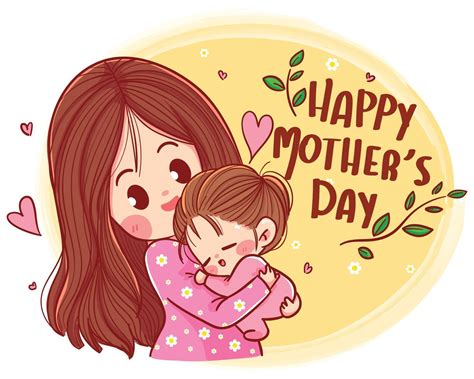 Happy Mothers Day Beautiful Mother And Daughter Character Hand Drawn