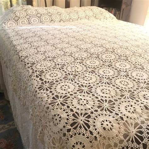 Vintage Crochet Bed Coverlet Handmade Ivory Cotton Bedspread Etsy