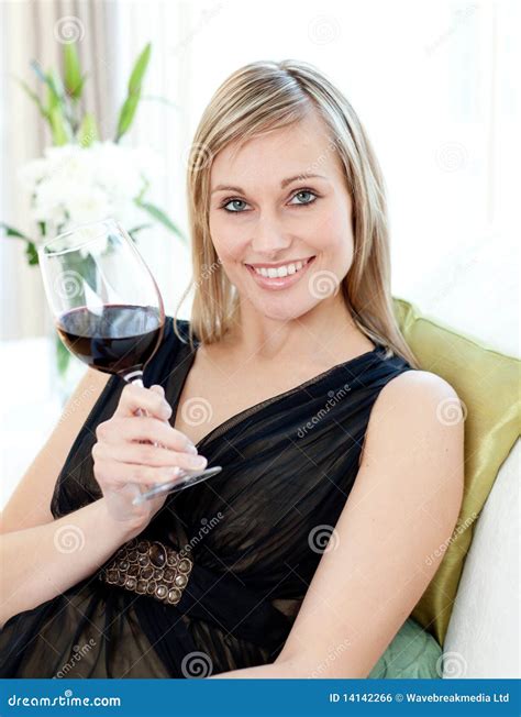 Beautiful Blond Woman Drinking Red Wine Stock Photo Image Of