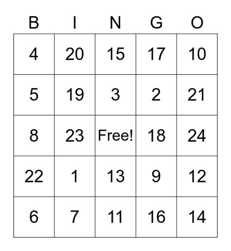 Number Bingo 1 20 Bingo Card