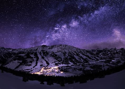 Starry Sky In Winter Snowy Night Pc Definition Wallpapers Night