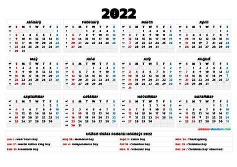 Free Printable 2022 Yearly Calendar With Holidays 2024 Calendar Printable