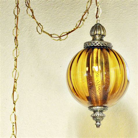 Vintage Hanging Light Swag Lamp Hanging Lamp Amber Globe Chain