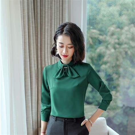 Fashion Styles Elegant Green Long Sleeve Blouses And Shirts For Ladies