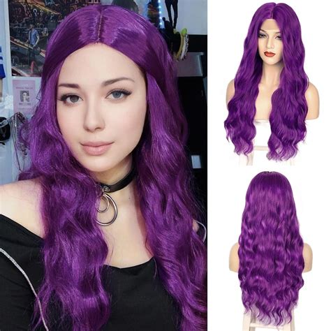 Dark Purple Wig Long Wavy Wigs For Women Middle Part