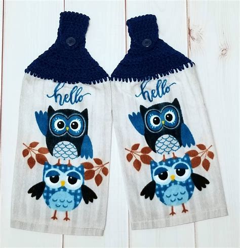 Hanging Kitchen Dish Towels Owls Crochet Towel Toppers Teal Blue Set Of 2 By
