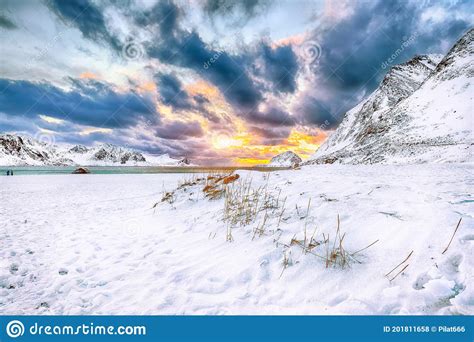 Fabulous Winter Scenery With Haukland Beach During Sunset And Snowy