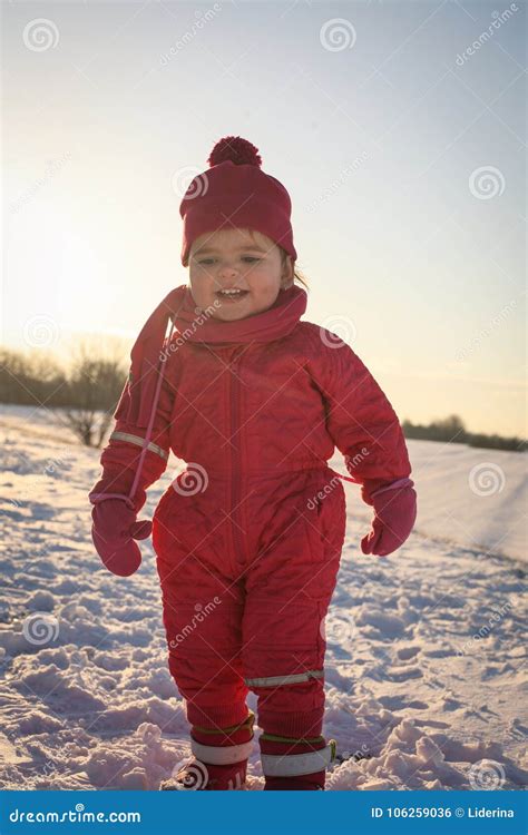 Winter Season Smiling Baby Standing On Snow Stock Photo Image Of