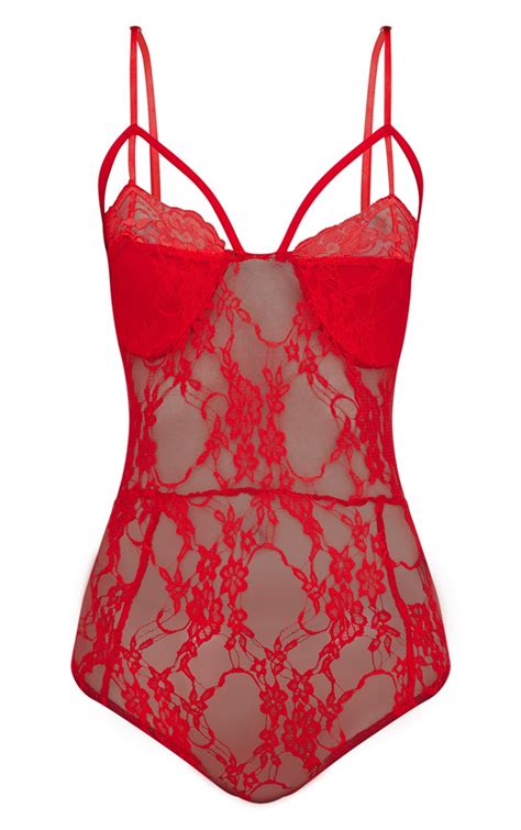 red strappy cupped lace bodysuit lingerie prettylittlething qa