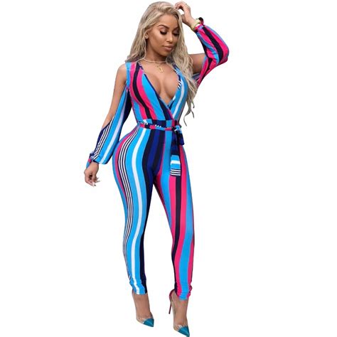 Fashion Colorful Striped Jumpsuit Romper Women Sexy Deep V Neck Overalls Long Sleeve Full