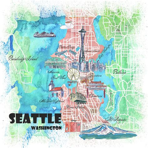 Seattle Washington Illustrated Map With Main Roads Landmarks And My