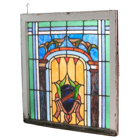 Jeweled Victorian Stained Glass Window With Anthemion And Leaf Design