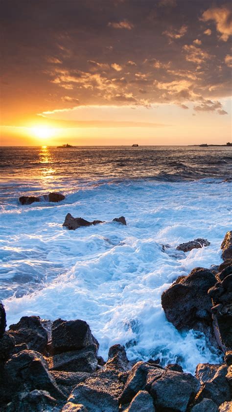 Hawaii Ocean Sunset Rocks Coast Iphone X 876543gs Wallpaper