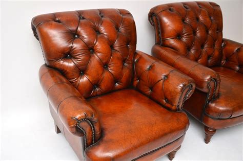 Pair Of Antique Victorian Style Deep Buttoned Leather Armchairs