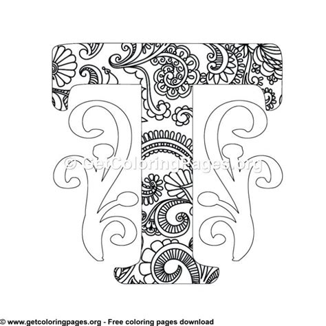 Zentangle Monogram Alphabet Letter T Coloring Sheet Mandala Coloring
