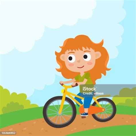 cartoon girl riding a bike having fun riding bicycles in park h stock illustration download