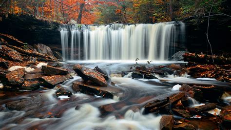 Autumn Waterfall With Colorful Foliage Backiee