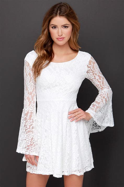 Cute White Dress Long Sleeve Dress Lace Dress 3800 Lulus