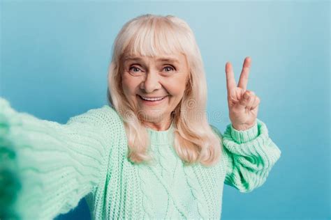 Happy Cheerful Mature Lady Taking Selfie Show Fine Thumbup Sign