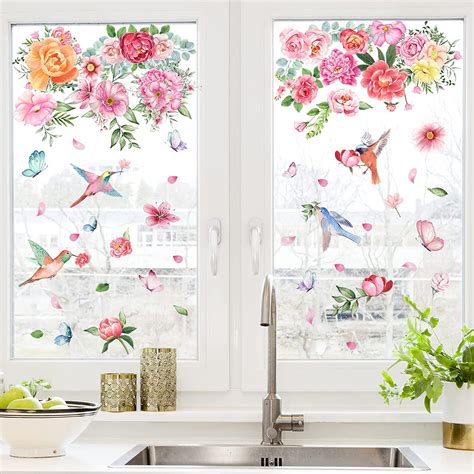 Decalmile Spring Summer Flower Window Clings Birds Window Decals Anti