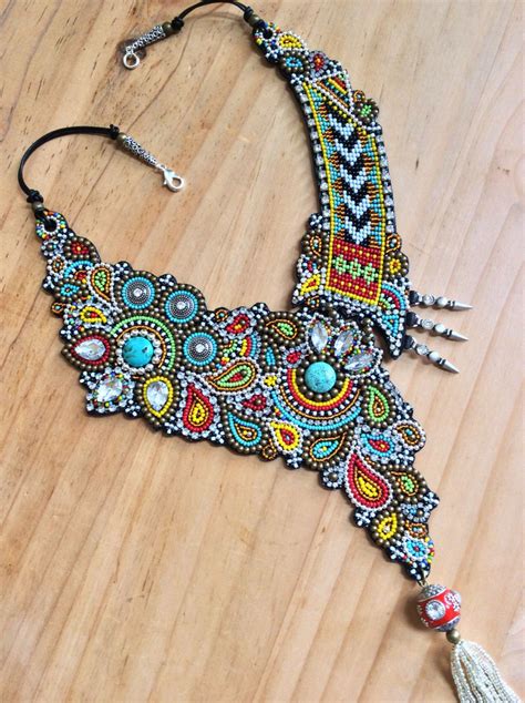 Asymmetrical Bead Embroidery Necklace With Tassel Statement Necklace
