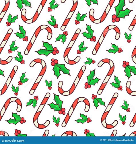 Vector Seamless Pattern Candy Canes And Holly Berry Christmas