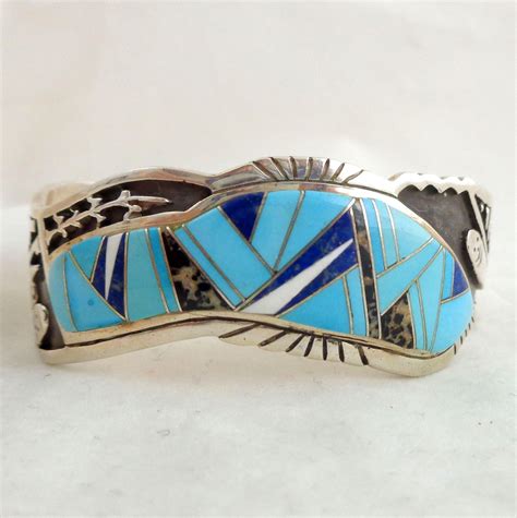 Native American Navajo Calvin Begay Sterling Silver Multi Stone Inlay