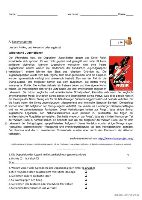 Leseverstehen Swing Jugend allgemei Deutsch DAF Arbeitsblätter pdf doc