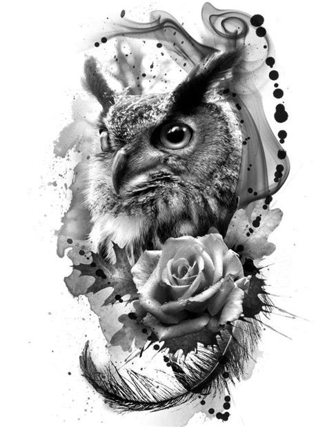 Yellow or white back paper protects carbon paper and provides stability. Realistic owl and a white rose on black spots background tattoo design - Tattooimages.biz